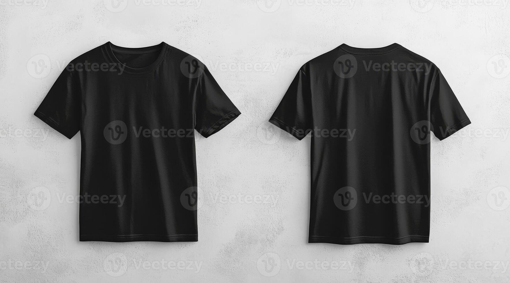A mockup that prominently features a simple, plain black tshirt elegantly displayed against a clean, white wall, showcasing both front and back views for various design purposes and evaluations photo