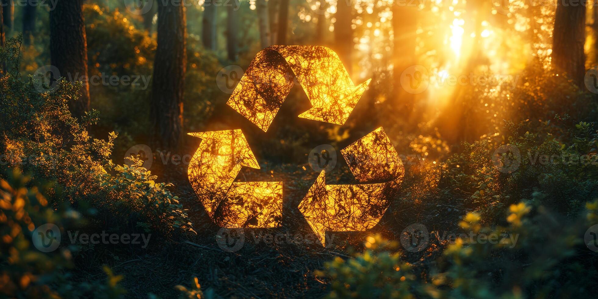 The circular economy is symbolized by a recycle icon in a vibrant forest, emphasizing the importance of renewable resources for environmental sustainability and effective conservation photo