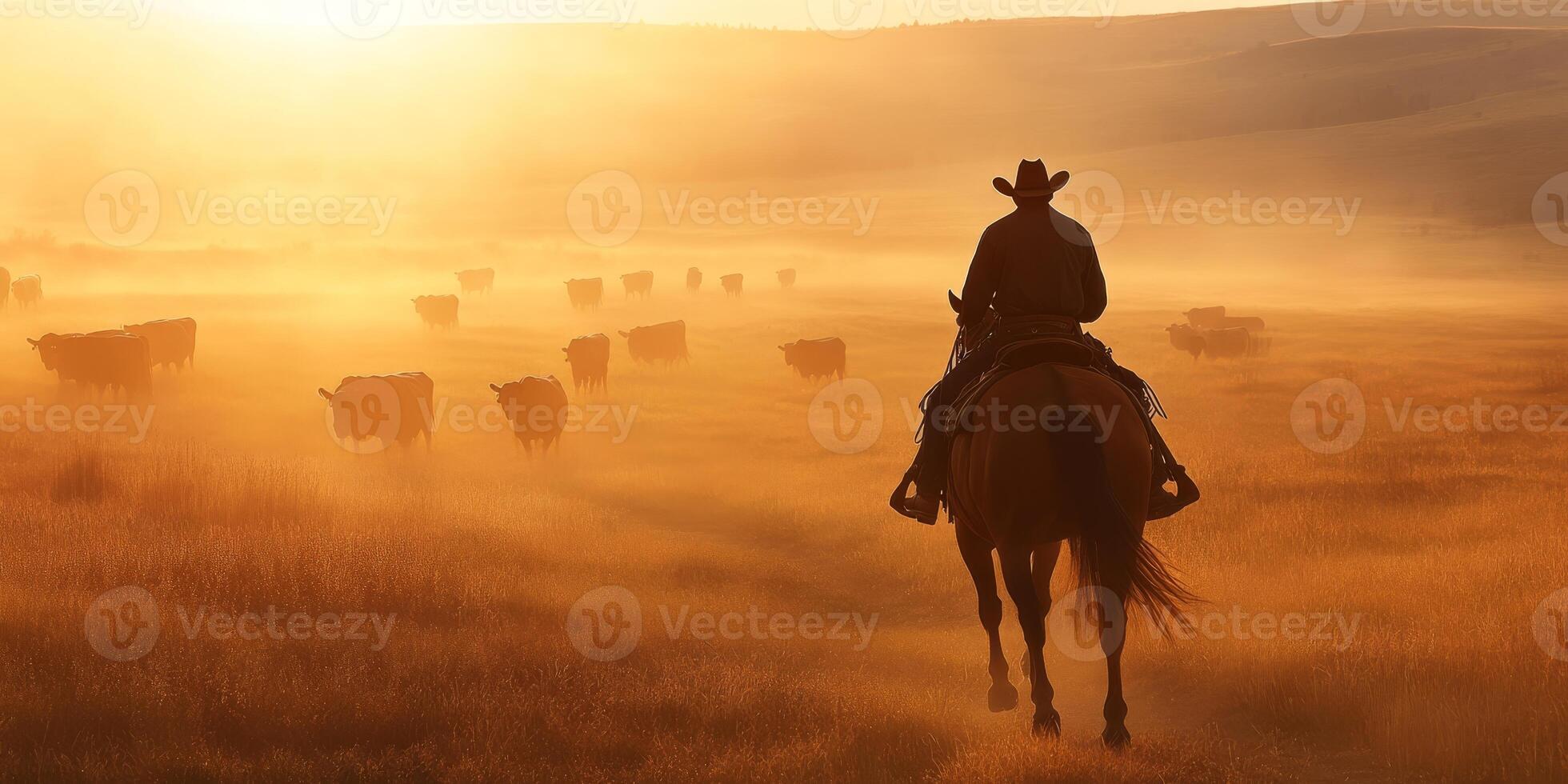 A striking silhouette of a rugged cowboy skillfully riding atop his trusty horse leads a large herd of cattle through a beautiful, shimmering golden landscape enveloped in mist at the break of dawn photo
