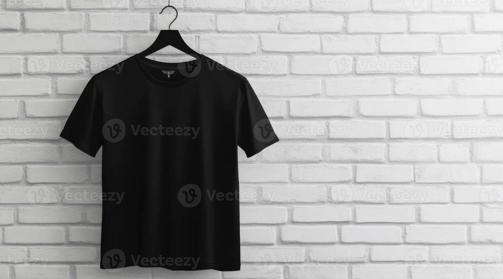 A sleek black t-shirt displayed against a modern brick wall background, ideal for fashion showcases. photo