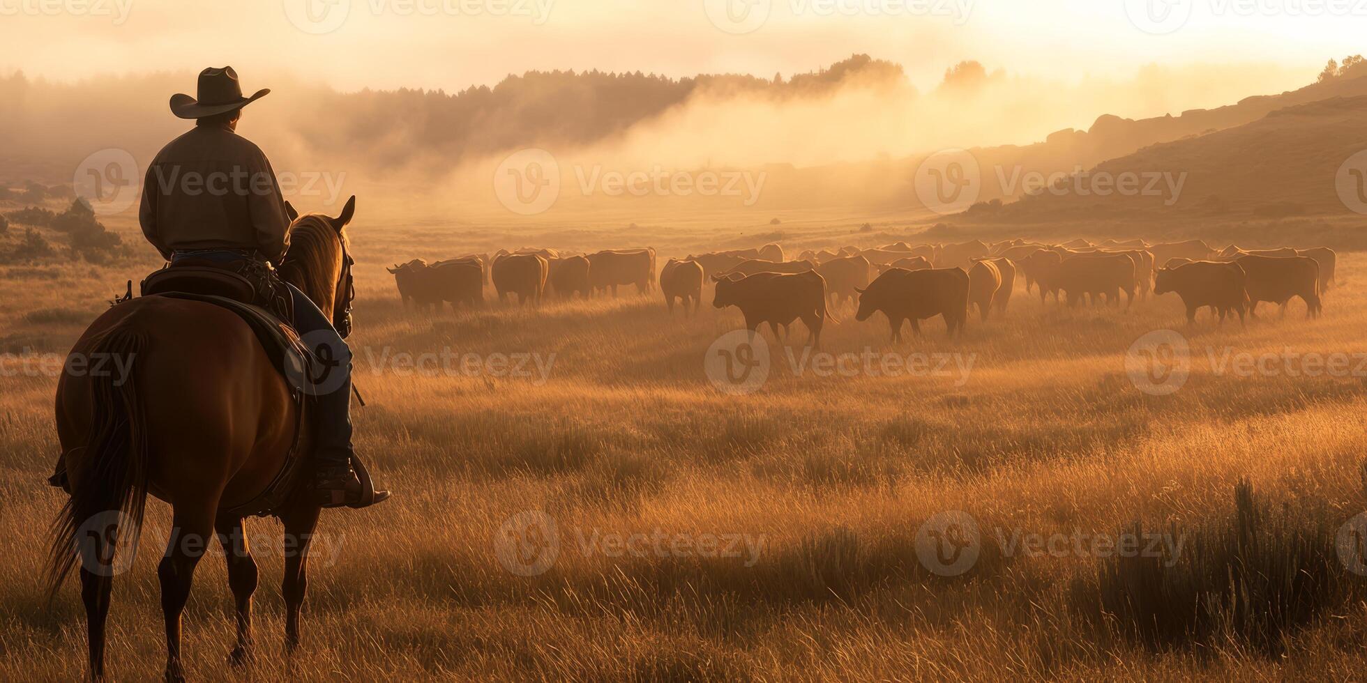 A skilled cowboy rides his trusted horse, guiding a herd of cattle across golden fields at dawn, surrounded by misty hills, capturing the essence of rural beauty and the harmony of man and nature photo