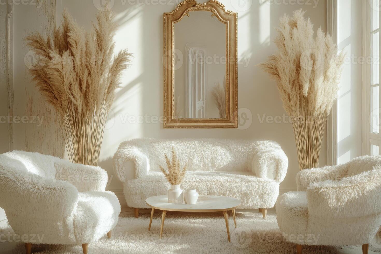 Imagine a cozy living room with soft white seating, an elegant wall mirror for light reflection, and stylish pampas grass decor, creating a serene ambiance that promotes relaxation and wellbeing photo