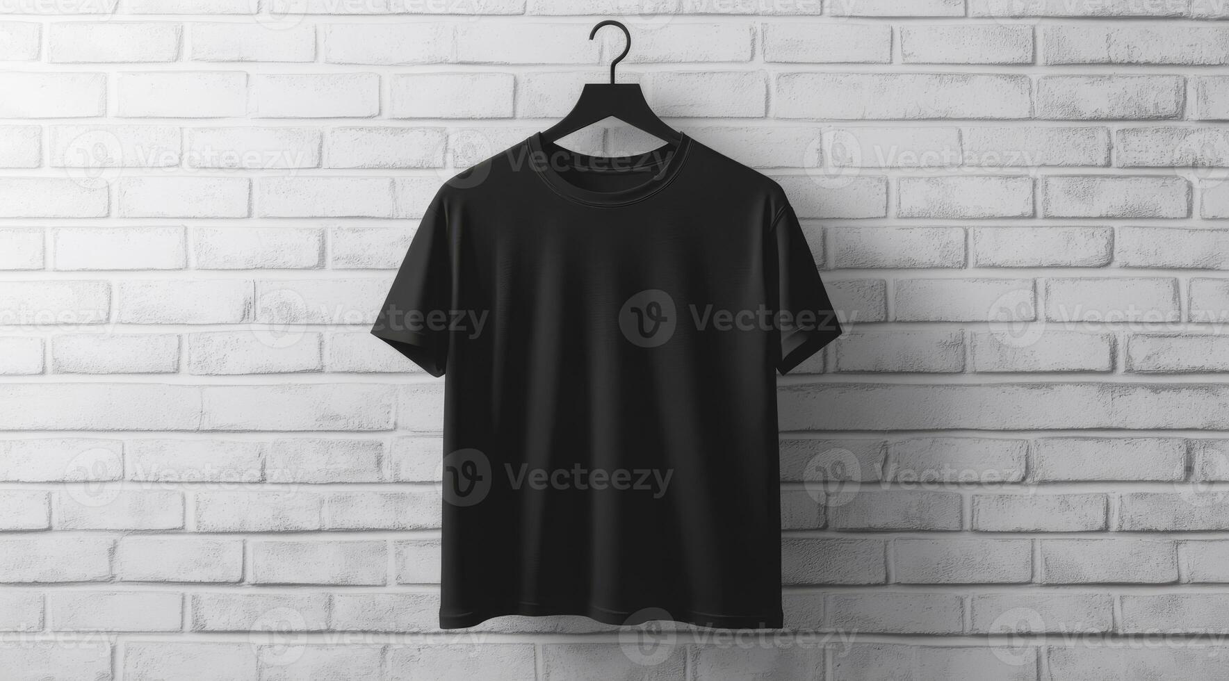 A stylish black tshirt elegantly displayed on a hanger, making it a perfect choice for fashion or clothing marketing photo