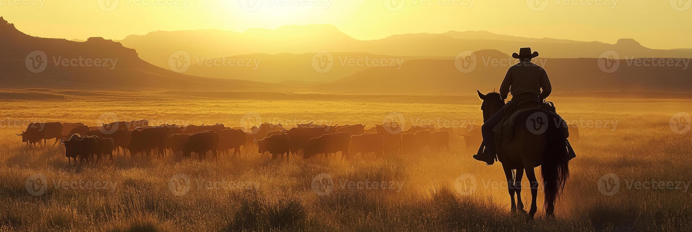A striking silhouette of a rugged cowboy riding atop his trusty horse skillfully guiding a large herd of cattle across the vast and open plains as the sky transforms during a breathtaking sunset photo