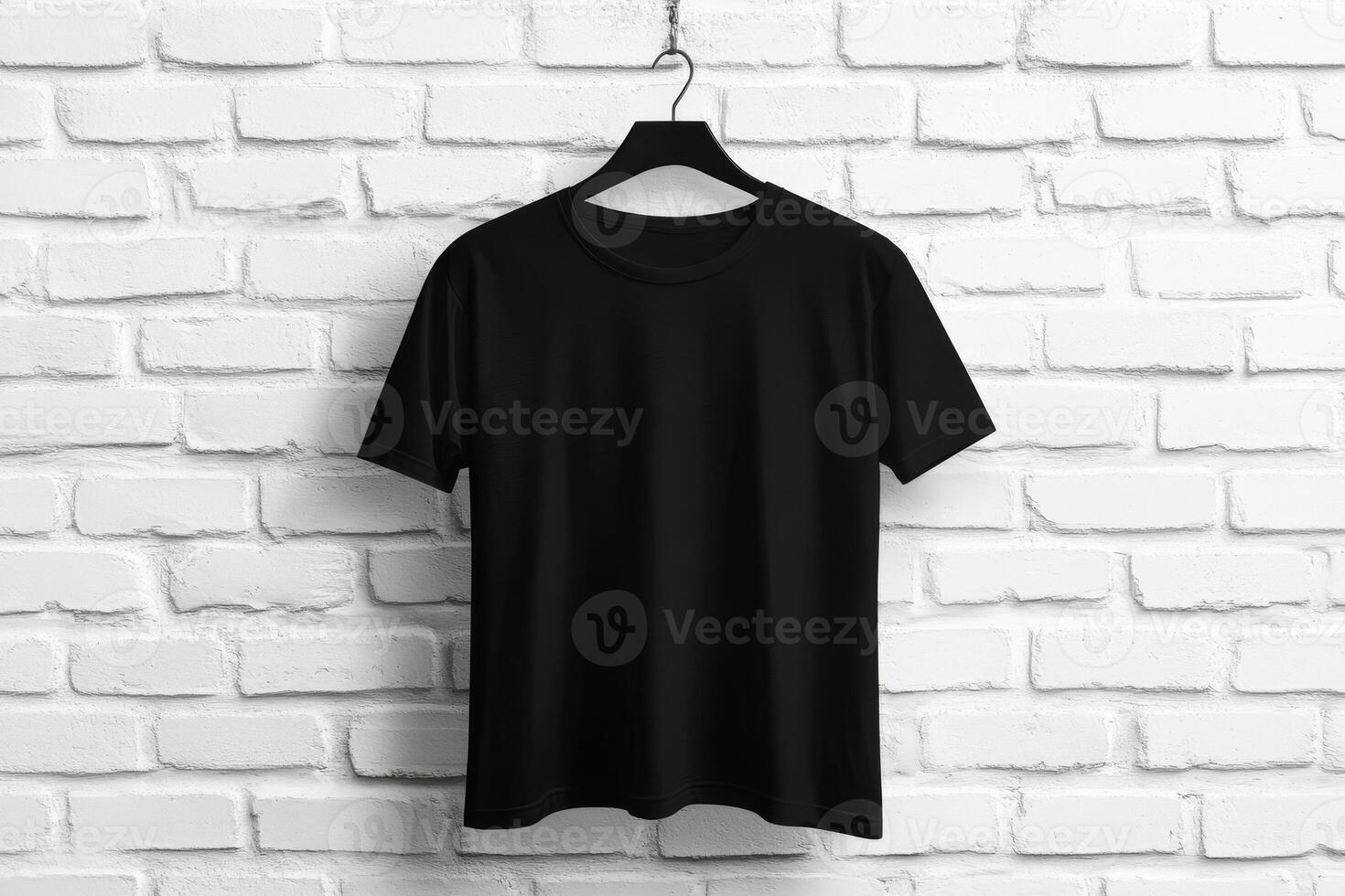 A stylish, sleek black tshirt elegantly displayed on a hanger, making it ideal for any fashion branding initiatives photo