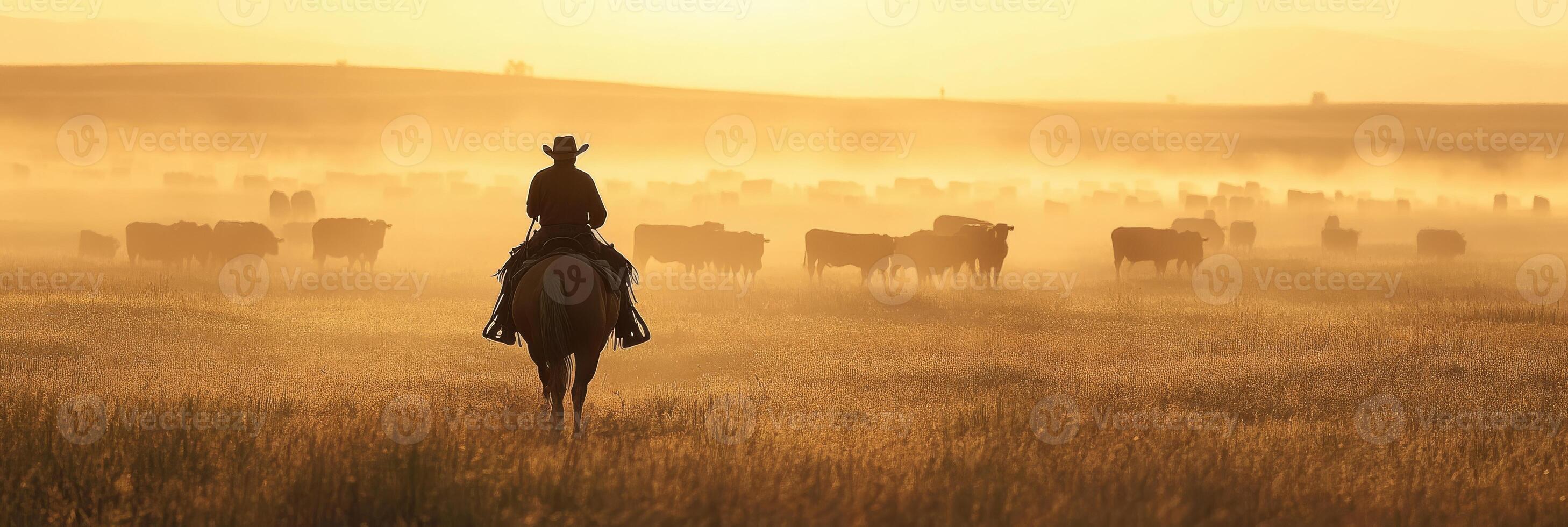 An experienced cowboy rides his horse, skillfully guiding a herd of cattle through golden fields at dawn, showcasing the essence of rural life and the beauty of nature in this peaceful morning photo
