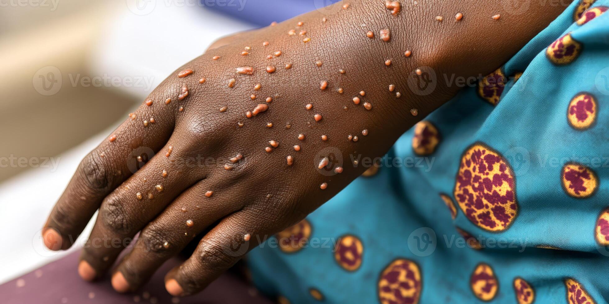 The image prominently displays a human hand exhibiting clear signs and symptoms of a monkeypox infection, which is characterized by raised lesions that are visibly noticeable on the skin surface photo