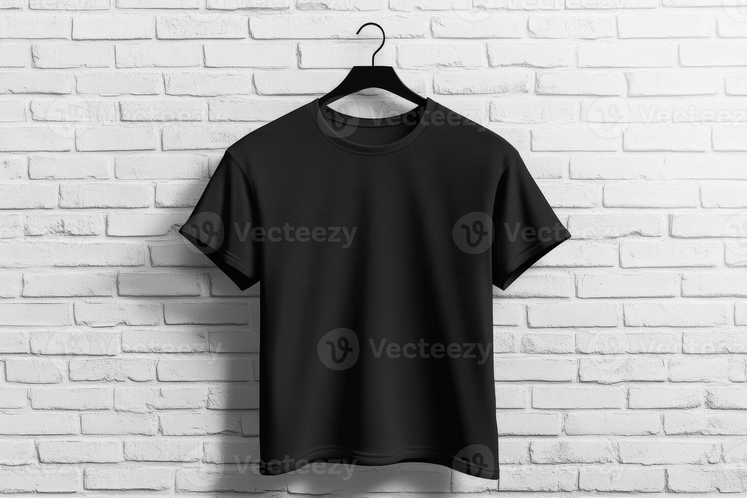 A sleek and stylish black tshirt is elegantly displayed on a hanger, set against a textured, rustic brick wall photo