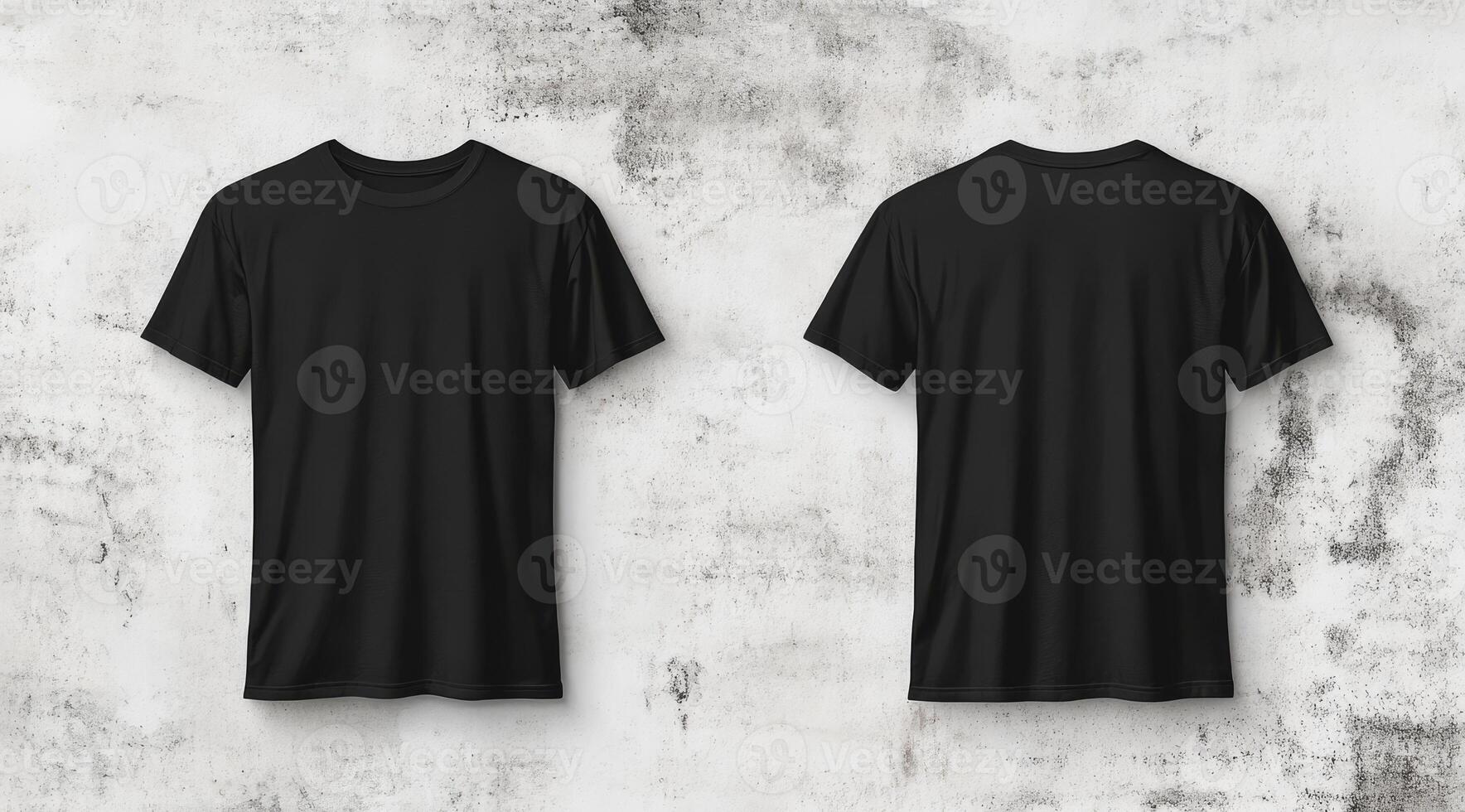 This black tshirt mockup shows front and back views against a textured white wall, ideal for showcasing your designs and enhancing your brands visual identity to stand out in the market photo