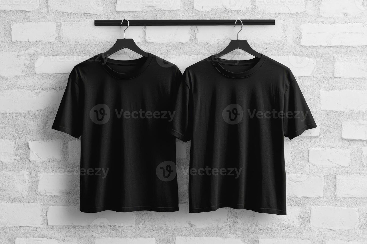 This stylish mockup beautifully features a black blank tshirt prominently displayed against a clean white wall, showcasing both the front and back views, making it ideal for various design purposes photo