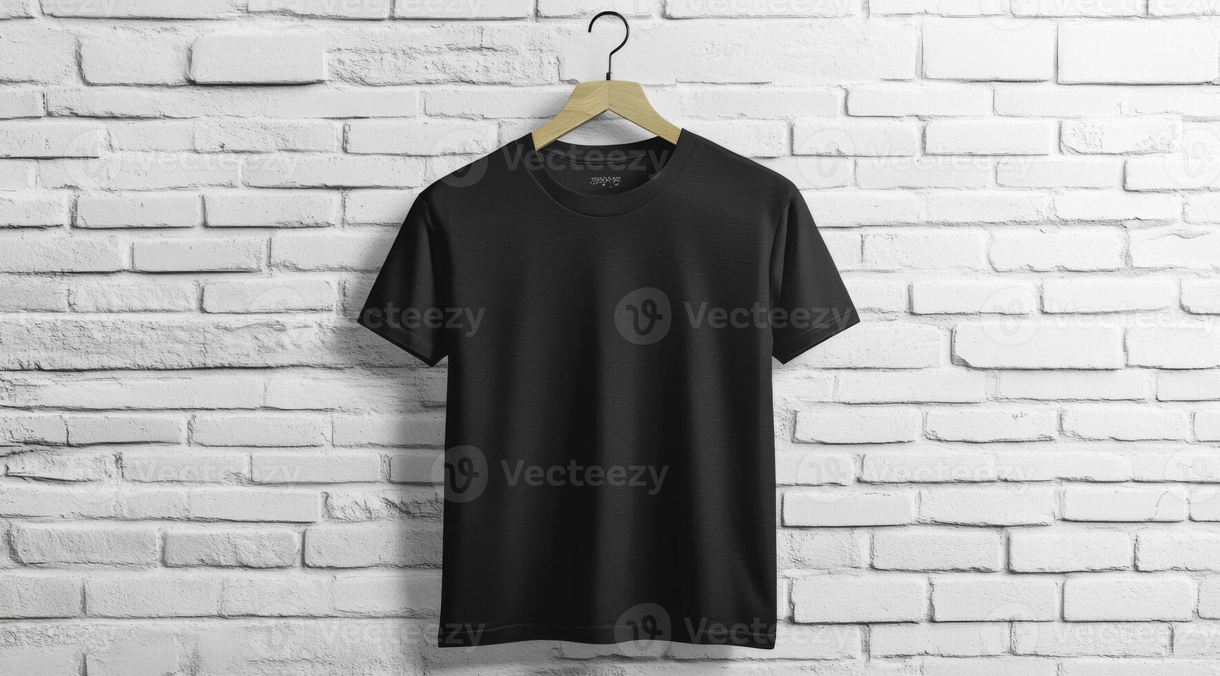 A sleek black tshirt elegantly displayed on a stylish hanger, showcasing a modern design against a textured wall photo