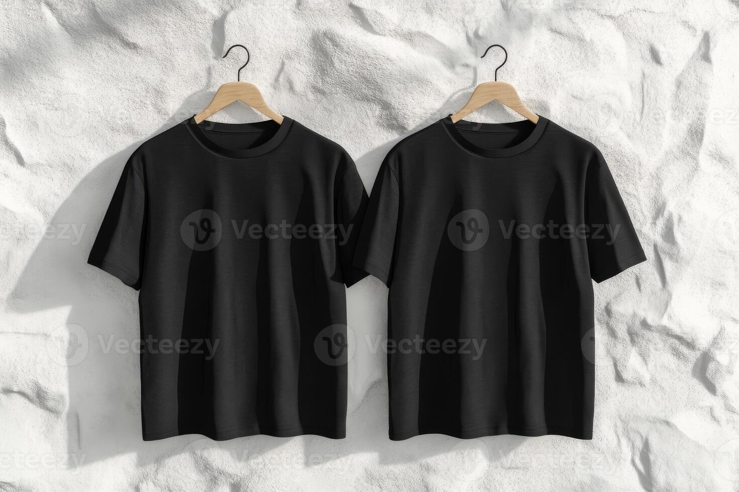This elegant mockup showcases a classic black tshirt against a clean white wall, ideal for versatile design presentations featuring both front and back views, enhancing visual appeal photo