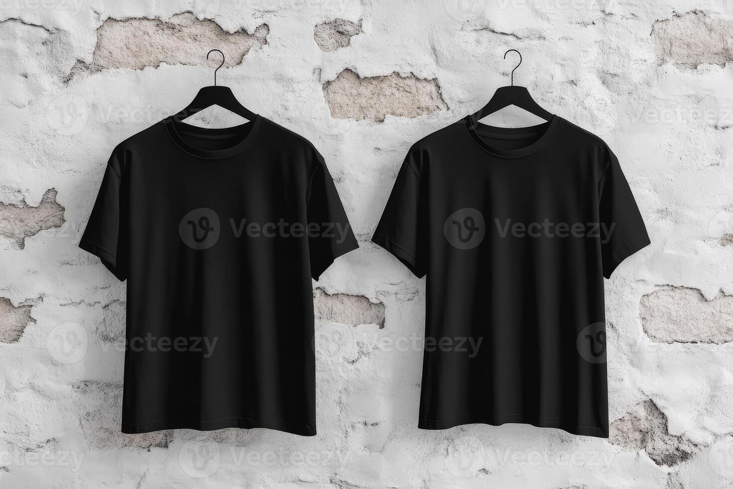 This mockup features a stylish black blank tshirt elegantly displayed against a clean white wall, perfectly showcasing both the front and back views for various design purposes and inspiration photo