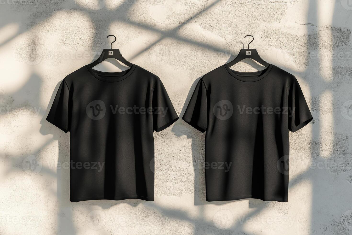 Showcase your innovative designs with this stylish black tshirt mockup against a clean white wall, featuring front and back views for versatile branding and promotional opportunities photo