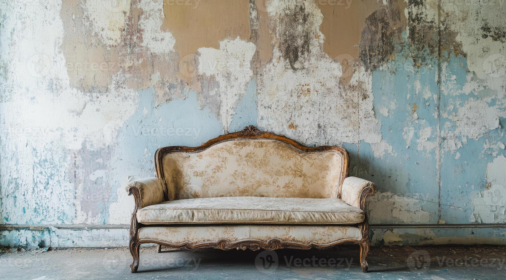 A wornout couch by a peeling wall evokes nostalgia, inviting reflection and reminding us of simpler times filled with treasured memories that shape our experiences over the years photo