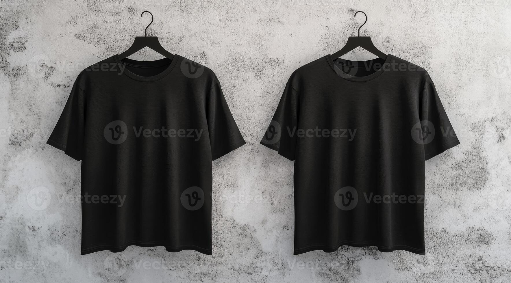 This is a stylish mockup of a sleek black blank tshirt that effectively showcases both front and back views, all set against a pristine white wall that is ideal for various design purposes photo