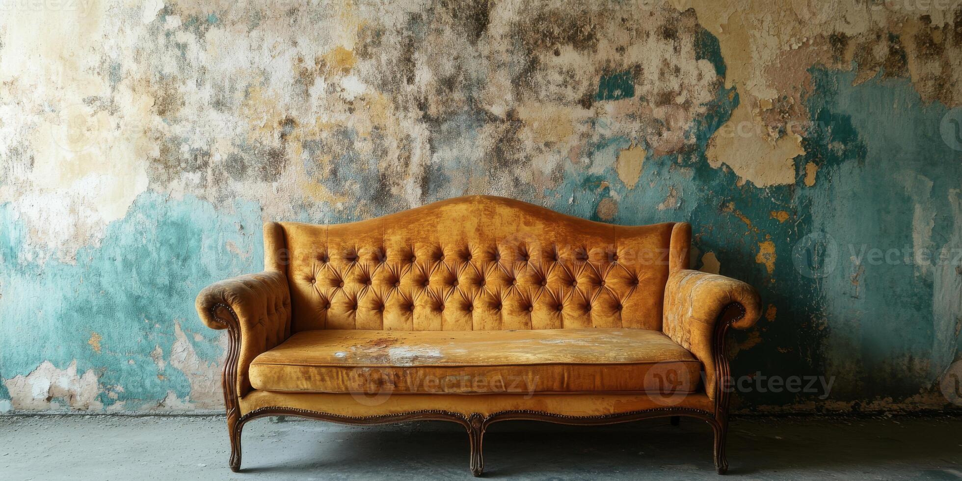 An old, elegant couch elegantly situated in a beautifully distressed setting, evoking deep feelings of nostalgia and a timeless sense of charm that captures the essence of historical decor photo