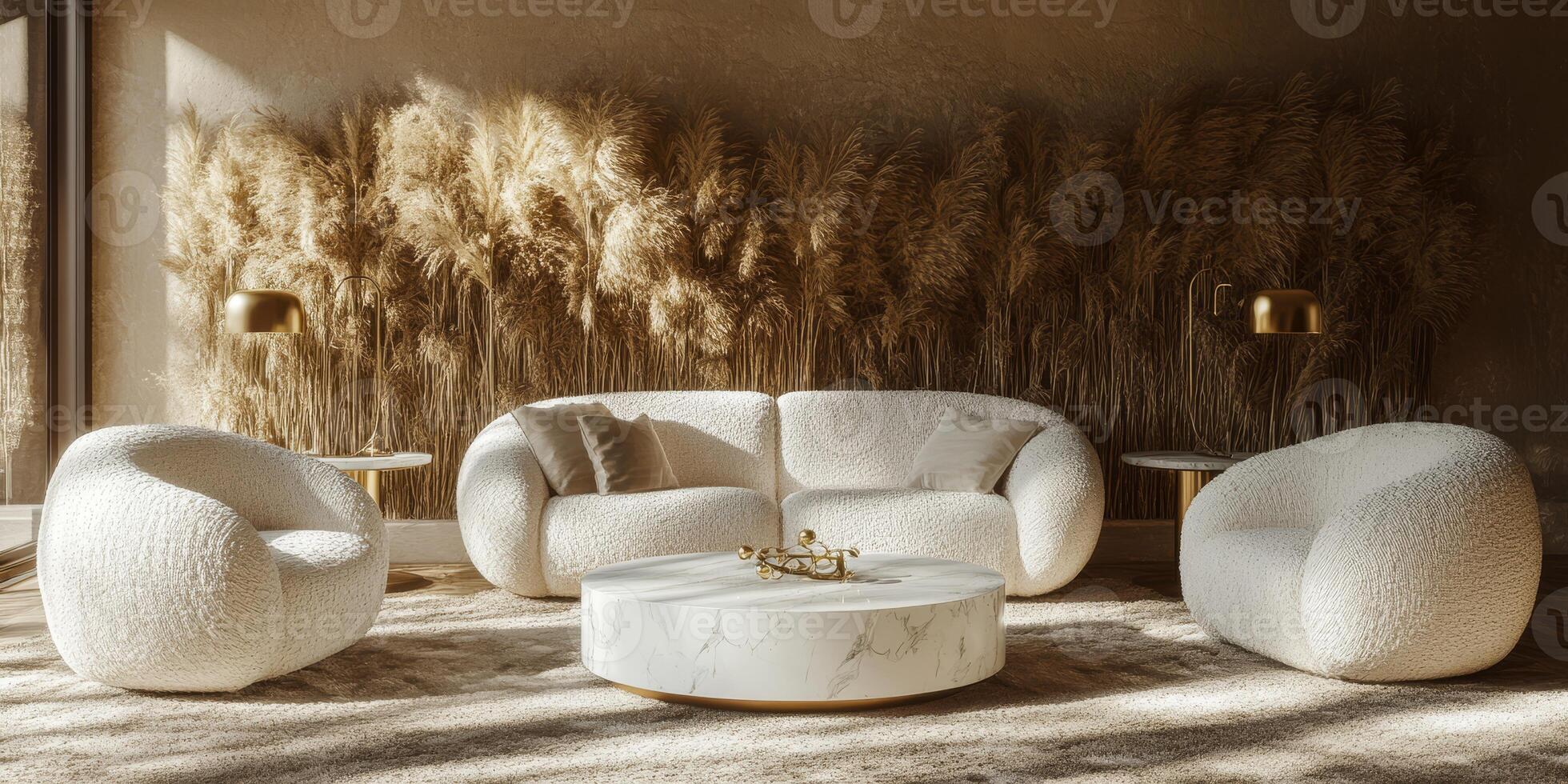 This is a chic and modern living room that showcases plush, sculptural seating arrangements. The space is designed with a soft, inviting ambiance that is perfect for relaxation and comfort photo