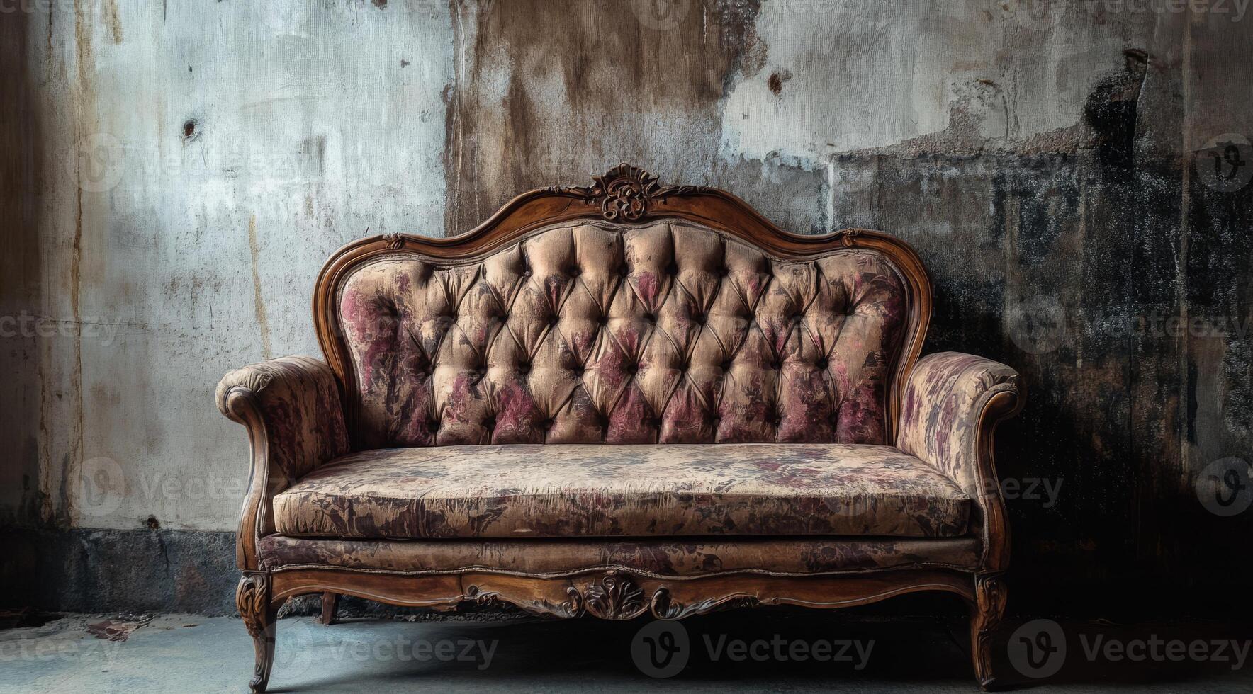 An old, beautifully ornate couch is elegantly set against a weathered backdrop, creating a deep sense of nostalgia and timeless elegance that transports viewers to another era of classic beauty photo