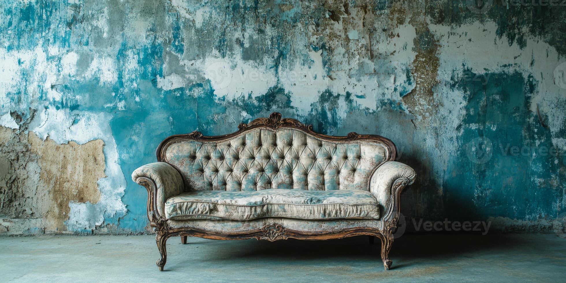 A vintage couch against a distressed blue wall evokes nostalgia and creates a warm, inviting atmosphere rich in character and timeless elegance that resonates with all who enter the room photo