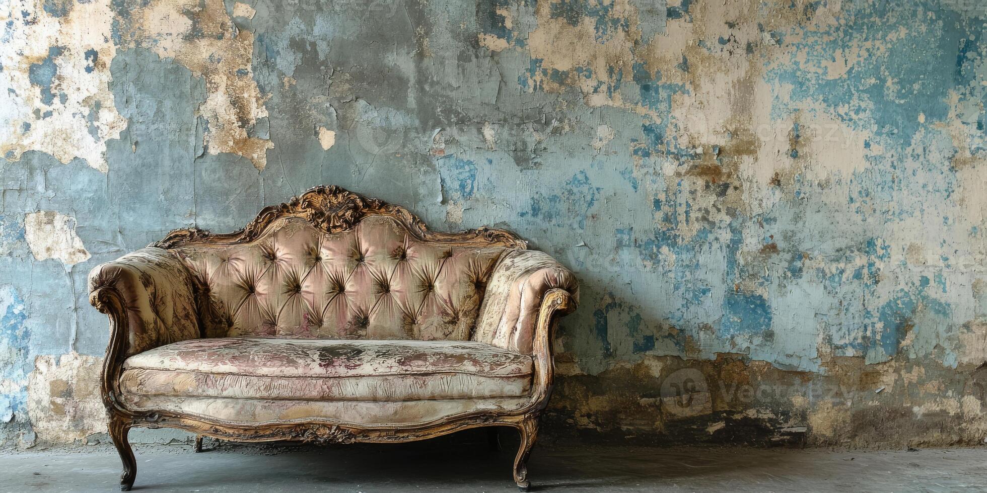 An old, tufted couch elegantly rests against a peeling blue wall, evoking a deep sense of nostalgia with its classic design and undeniable vintage allure that brings history into the present photo