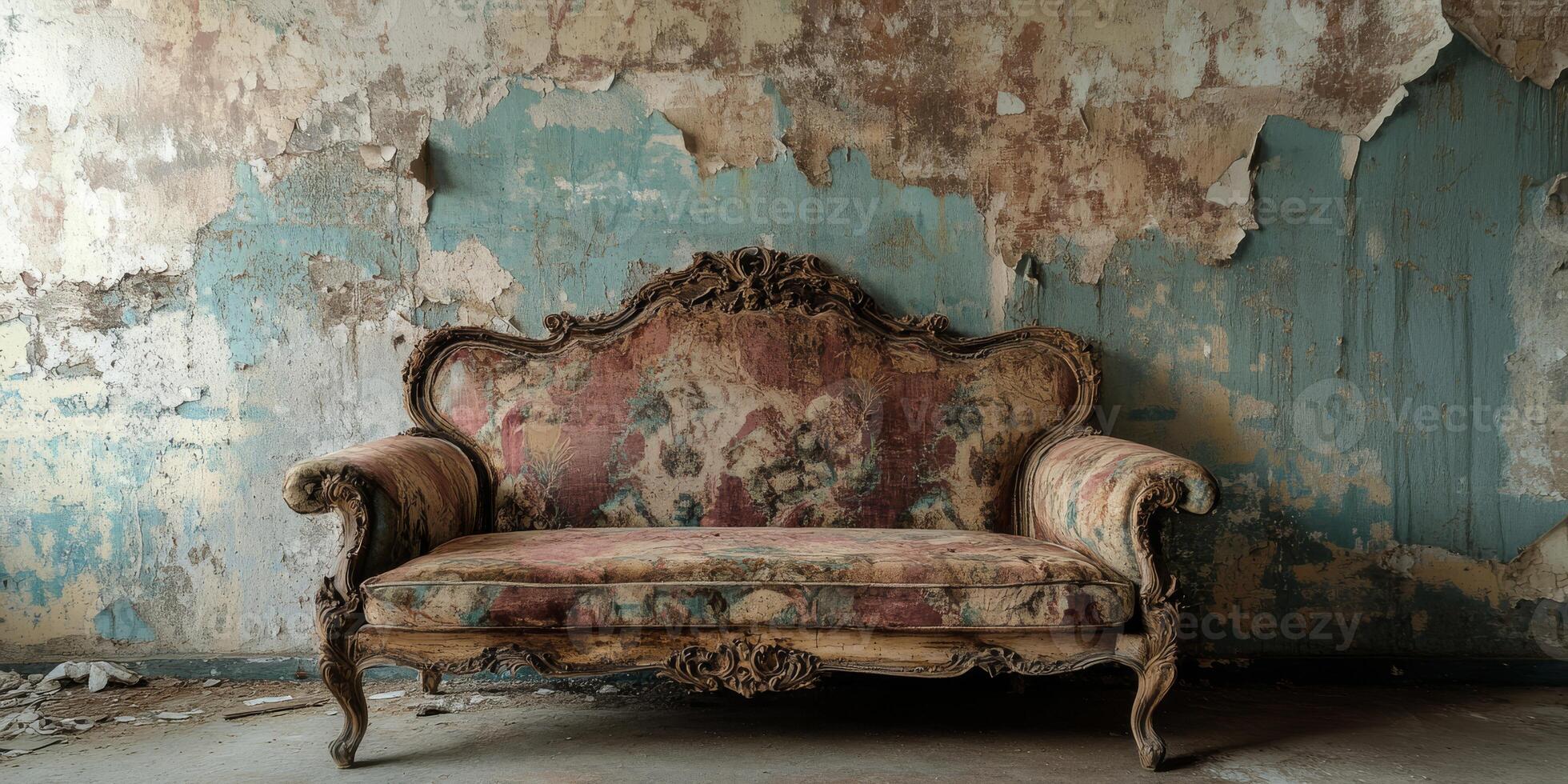 A beautifully vintage couch featuring soft, plush cushions rests against a peeling wall, masterfully evoking a sense of nostalgia and timeless beauty that captivates everyone who sees it photo