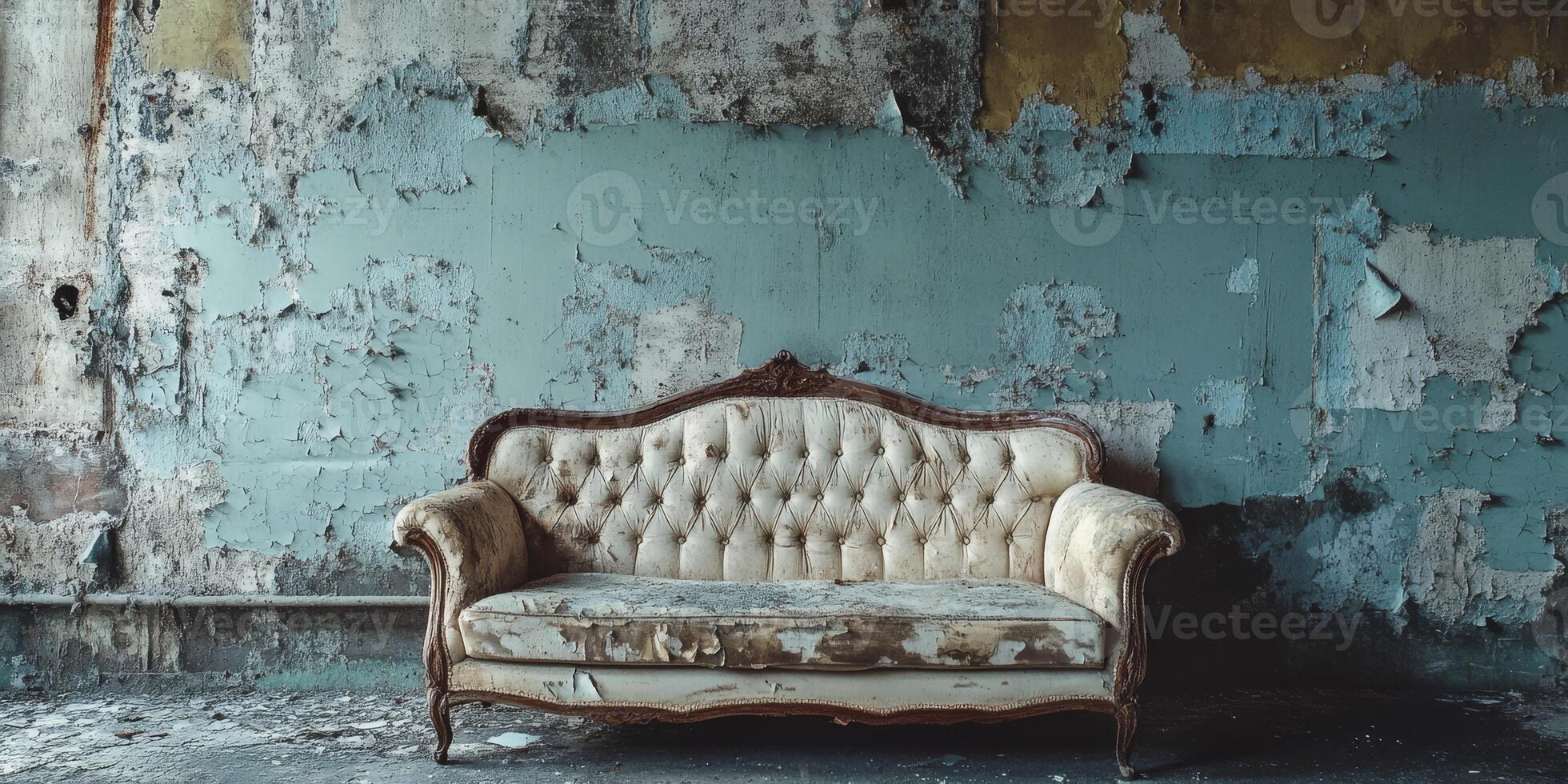 An old, elegantly designed couch rests gracefully against a beautifully textured wall, evoking a sense of nostalgia with its classic design paired with a perfectly distressed backdrop photo