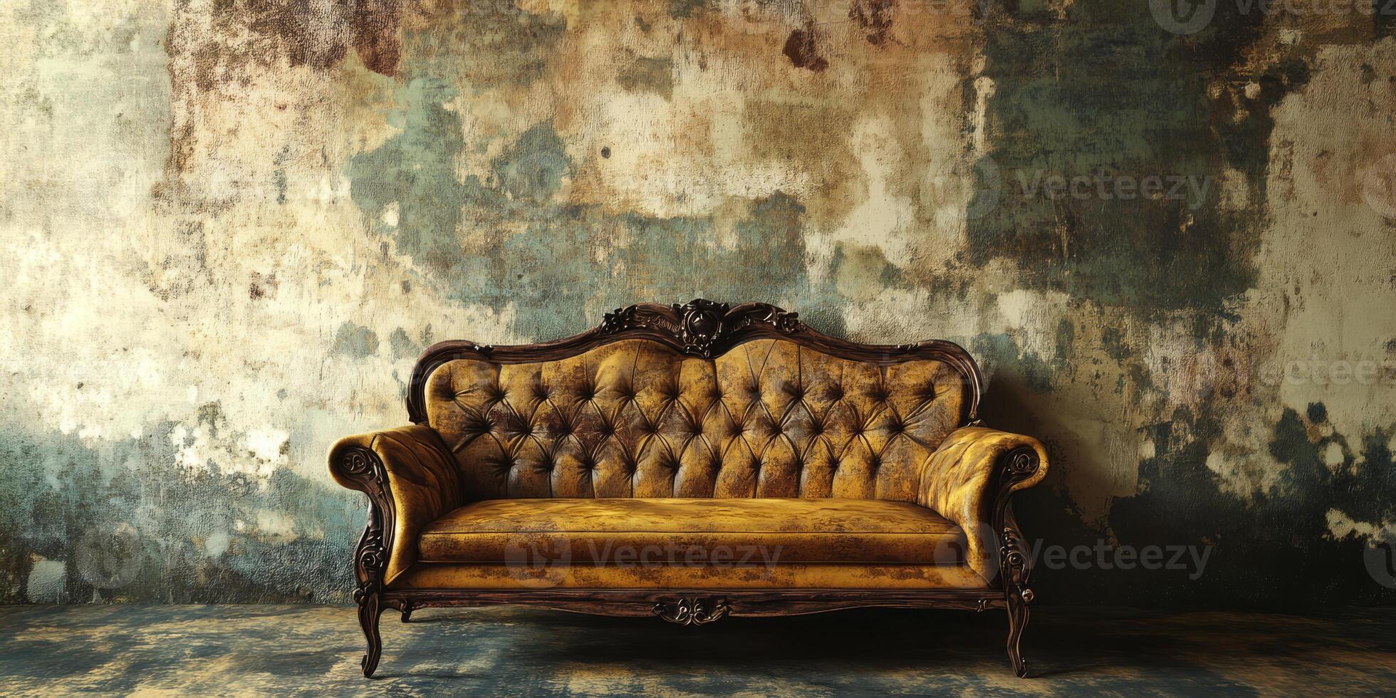 An old, beautifully tufted couch set against a weathered wall creates an atmosphere rich with nostalgia and charm, making it the perfect centerpiece in a timeless classic backdrop photo