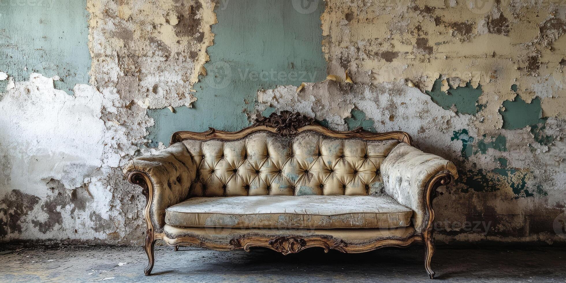 An old, tufted couch, adorned with rich textures and patterns, sits in a classic, decaying environment, evoking feelings of nostalgia and reflecting the passage of time in this unique space photo