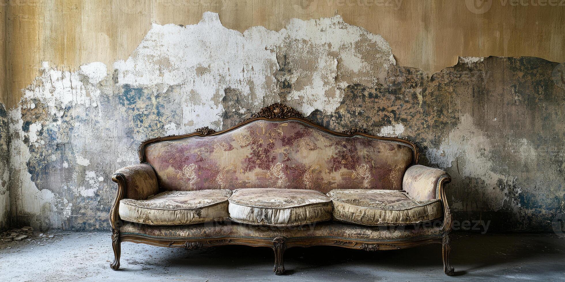 An old, ornate couch, beautifully crafted and adorned, rests against a textured wall that is peeling with age, evoking deep feelings of nostalgia, warmth, and classic elegance from the past photo