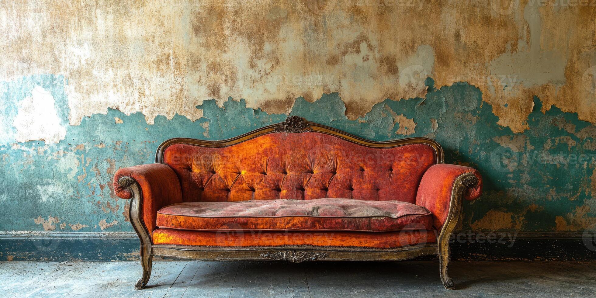 In a beautifully classic and nostalgic setting, there is an exquisite old couch that takes center stage, accompanied by a distressed wall that adds character, depth, and undeniable charm to the scene photo