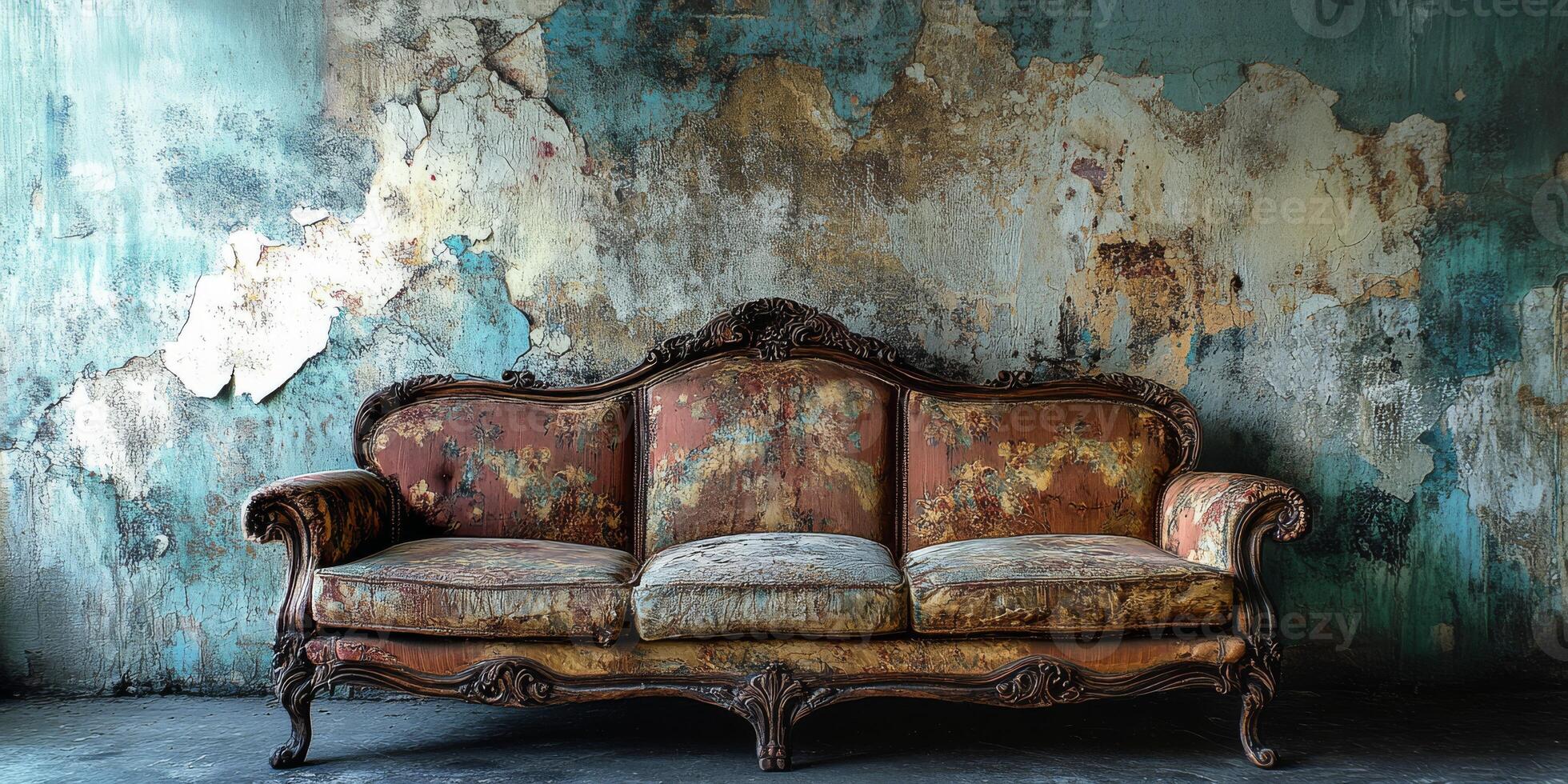 An old, intricately ornate couch, beautifully designed, rests against a peeling wall, which together evoke a strong sense of nostalgia and a stunning, timeless elegance in this classic backdrop photo
