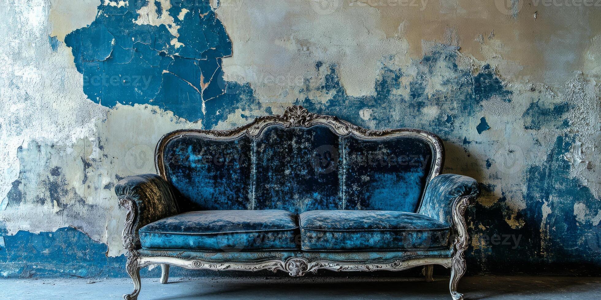 A wellworn blue couch draped in soft fabric rests against a weathered wall, creating a cozy atmosphere that invites relaxation and warmth, welcoming all who enter to feel at home photo