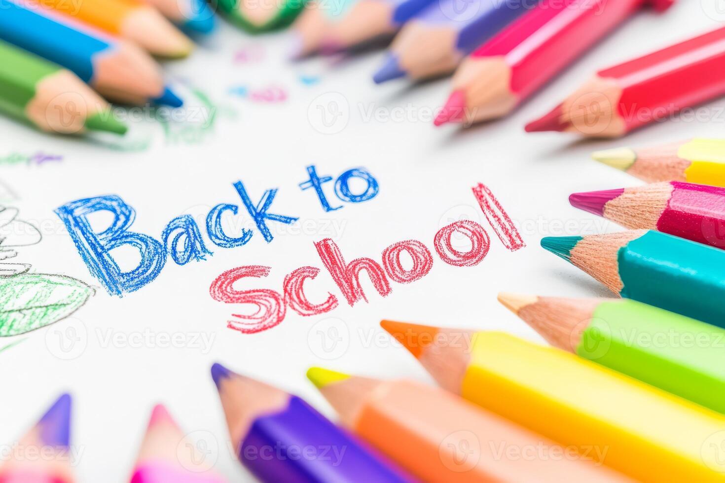 Embrace the vibrant energy of the school year by using bright, colorful pencils and a joyful Back to School message elegantly displayed on a pristine white piece of paper, ready for creativity photo