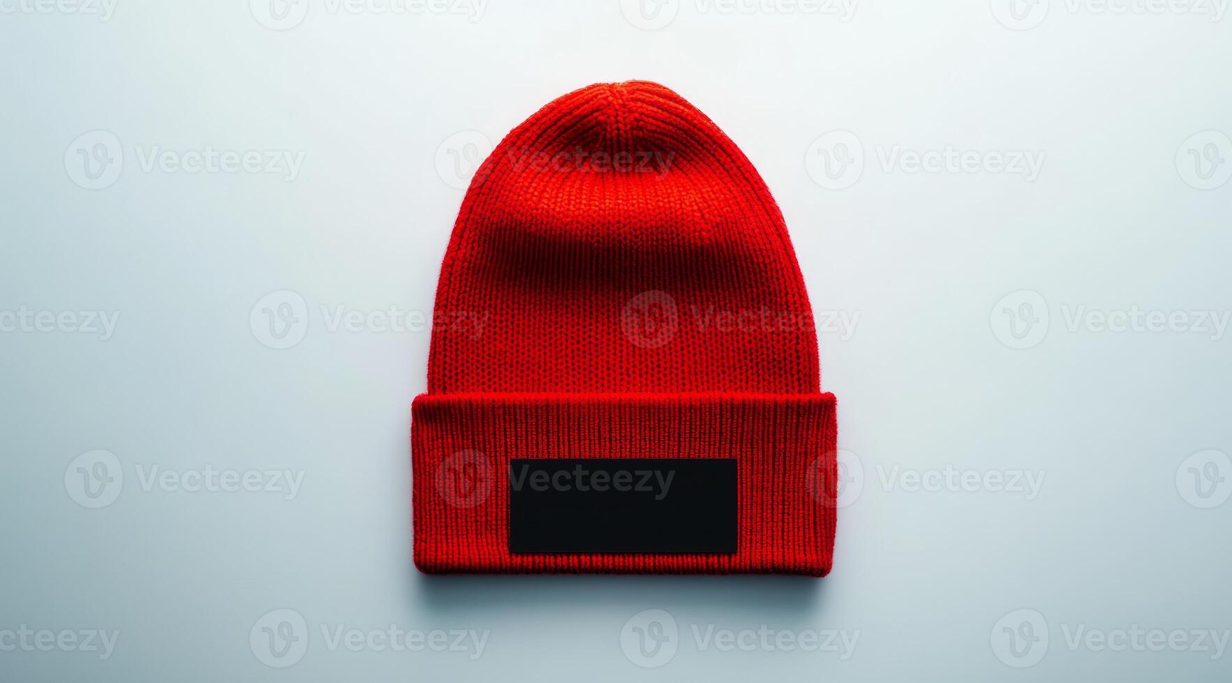 Stylish red knitted beanie hat featuring a black unbranded mockup label for customization. Perfect for winter fashion and promotional branding photo