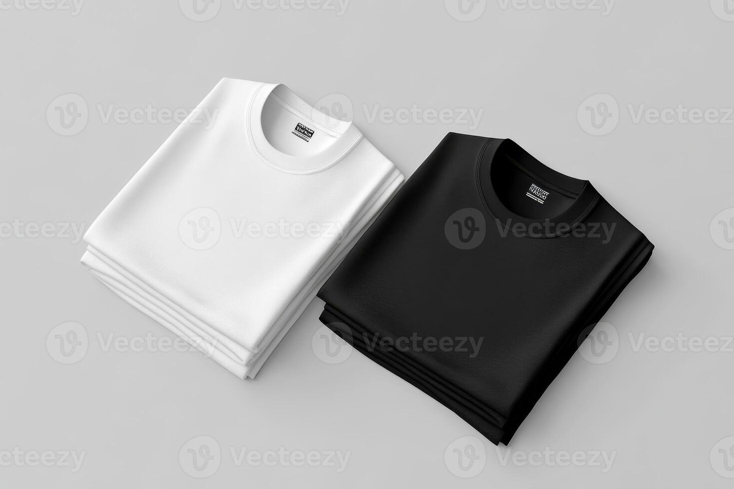 This mockup beautifully showcases a neatly stacked set of folded square tshirts in classic black and white colors, which are perfect for creating visually appealing and eyecatching design displays photo