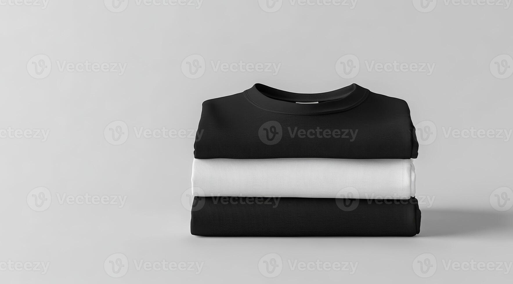 This mockup showcases a neatly folded stack of black and white tshirts, making it perfect for highlighting your clothing line or creating attractive retail displays to draw in customers photo
