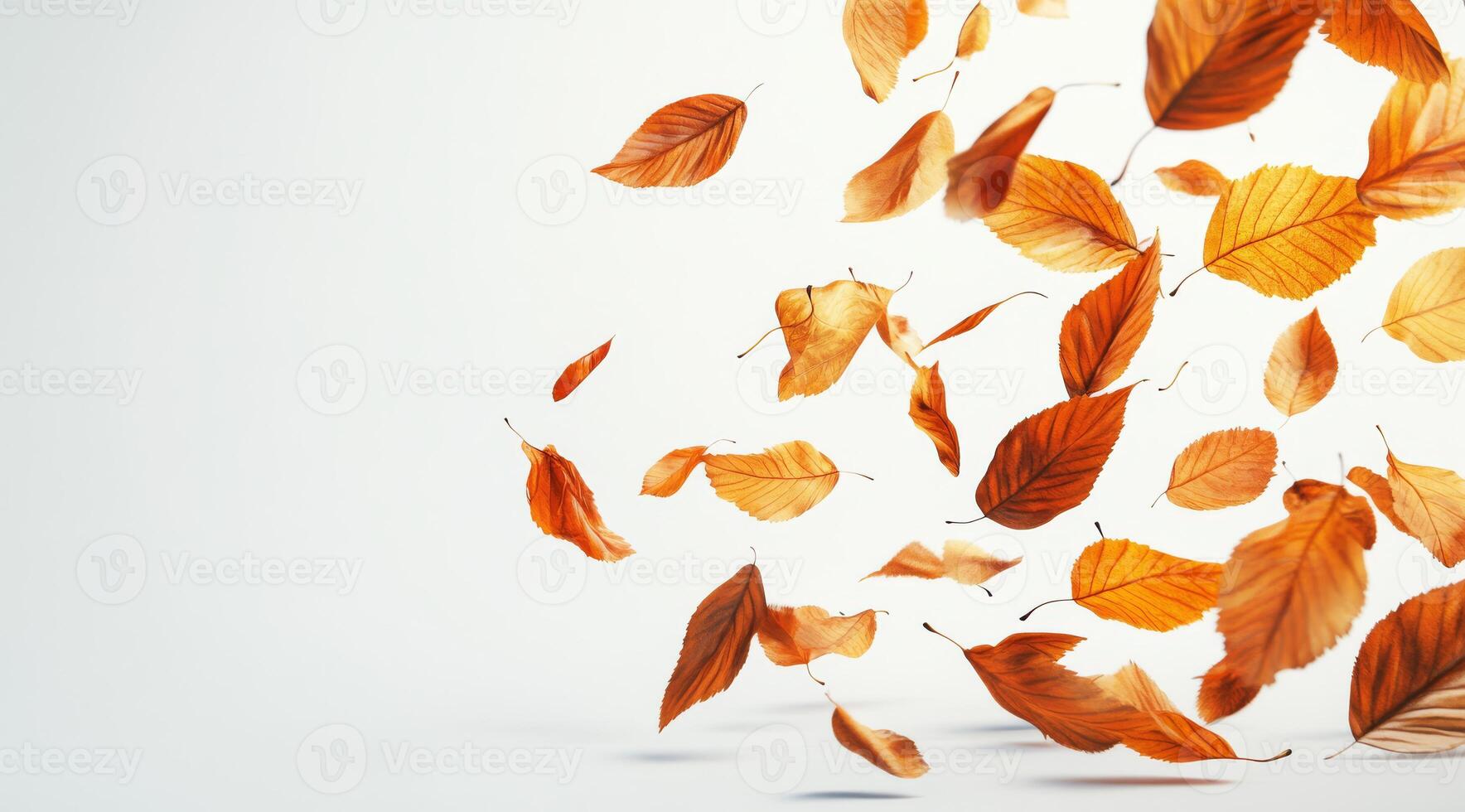 A serene and beautiful display of vibrant autumn leaves gracefully floating against a crisp white backdrop, perfectly capturing the wonderful essence and charm of the delightful fall season photo