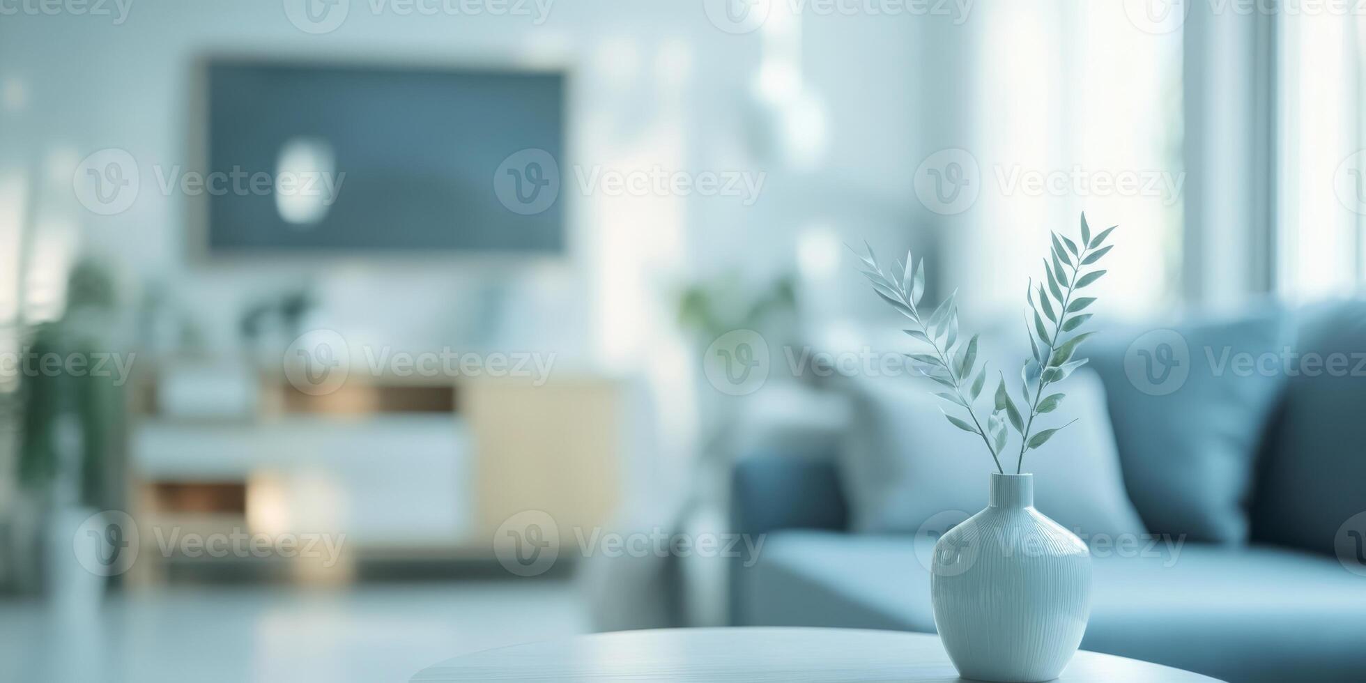 A serene Scandinavian interior features soft colors, elegant furnishings, and a calming atmosphere, enhanced by a decorative vase and a thriving plant that bring life to the space photo