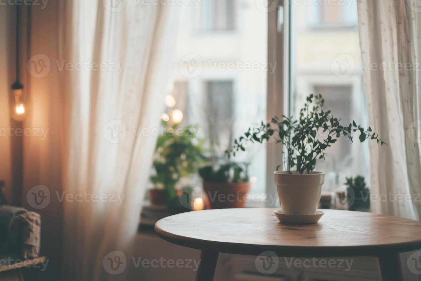 A cozy Scandinavian design with flowing curtains, a stylish wooden table, and vibrant plants creates a tranquil atmosphere filled with natural light, promoting calm and relaxation for a perfect home photo