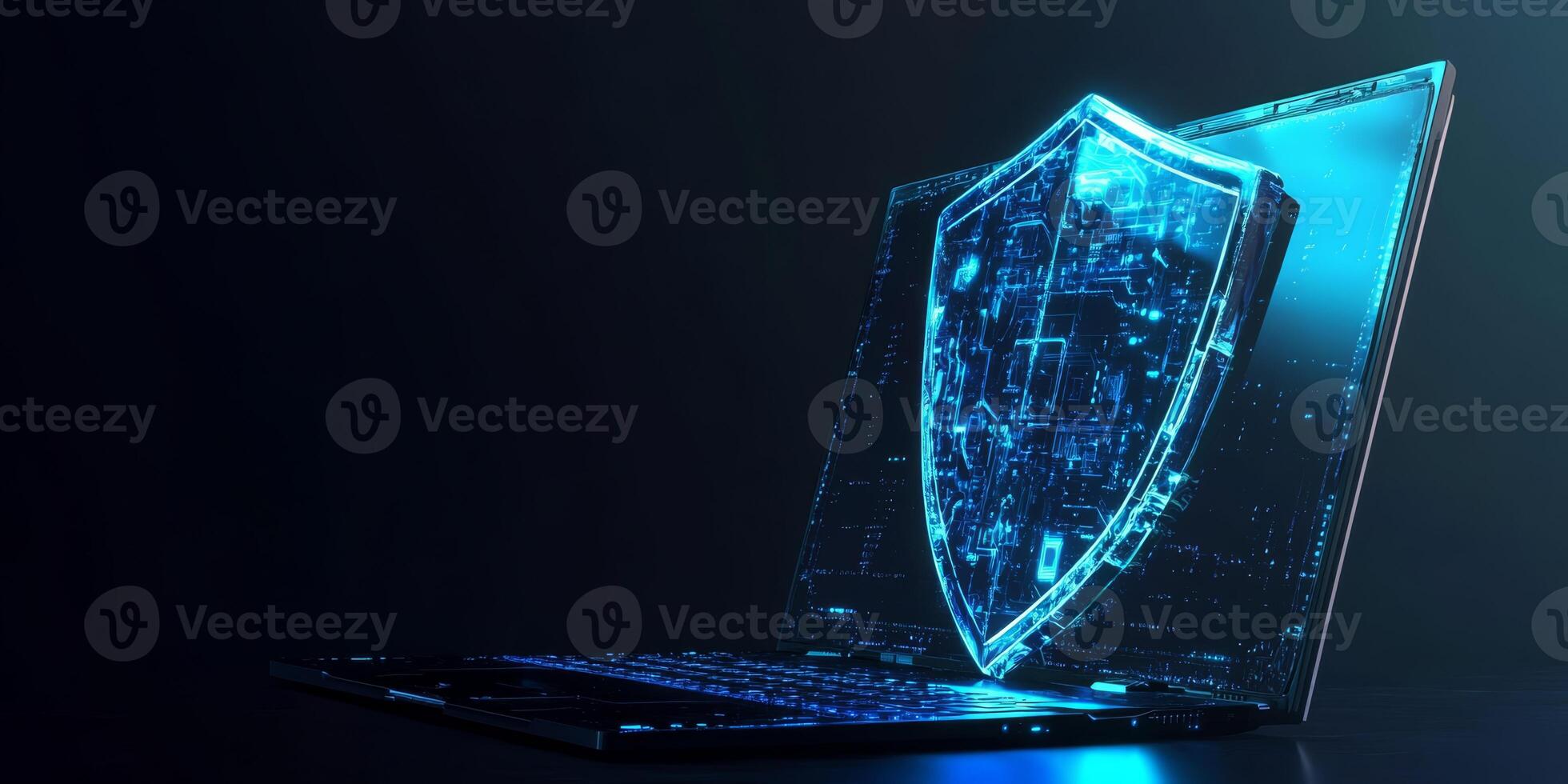 An abstract representation of cyber security that prominently features a sleek laptop adorned with a vibrant blue futuristic guard shield, symbolizing robust digital protection and safety photo