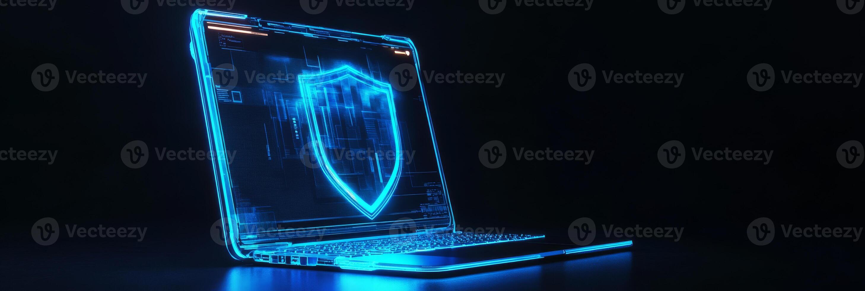 This design features an innovative futuristic laptop that highlights a glowing blue shield, effectively symbolizing the critical aspects of cyber security and protection in todays digital landscape photo