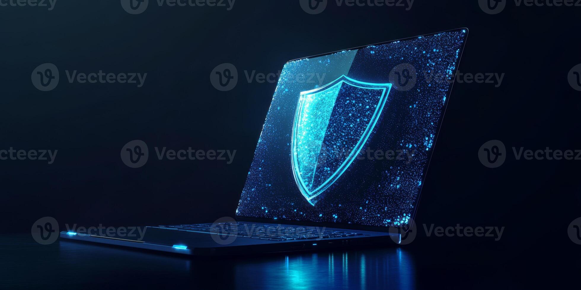 An abstract cyber security image features a sleek laptop beside a blue digital shield, representing the essential need for protection in todays changing digital technology and threat landscape photo