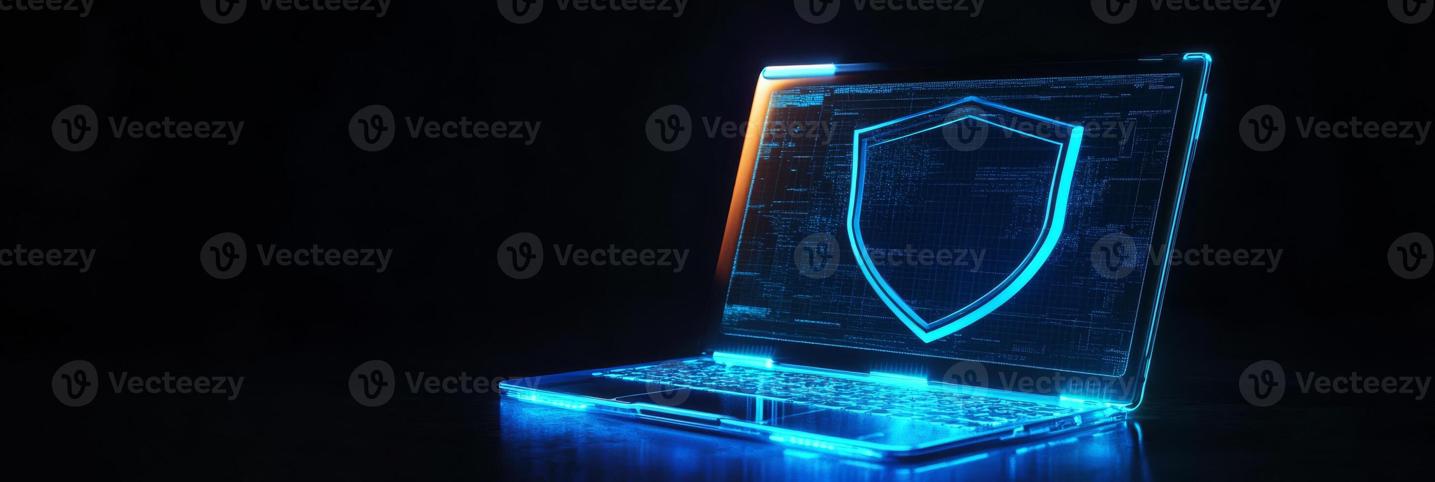 This is an abstract representation of cyber security, showcasing a futuristic laptop adorned with a glowing blue shield. This shield symbolizes the essential protection and digital security measures photo