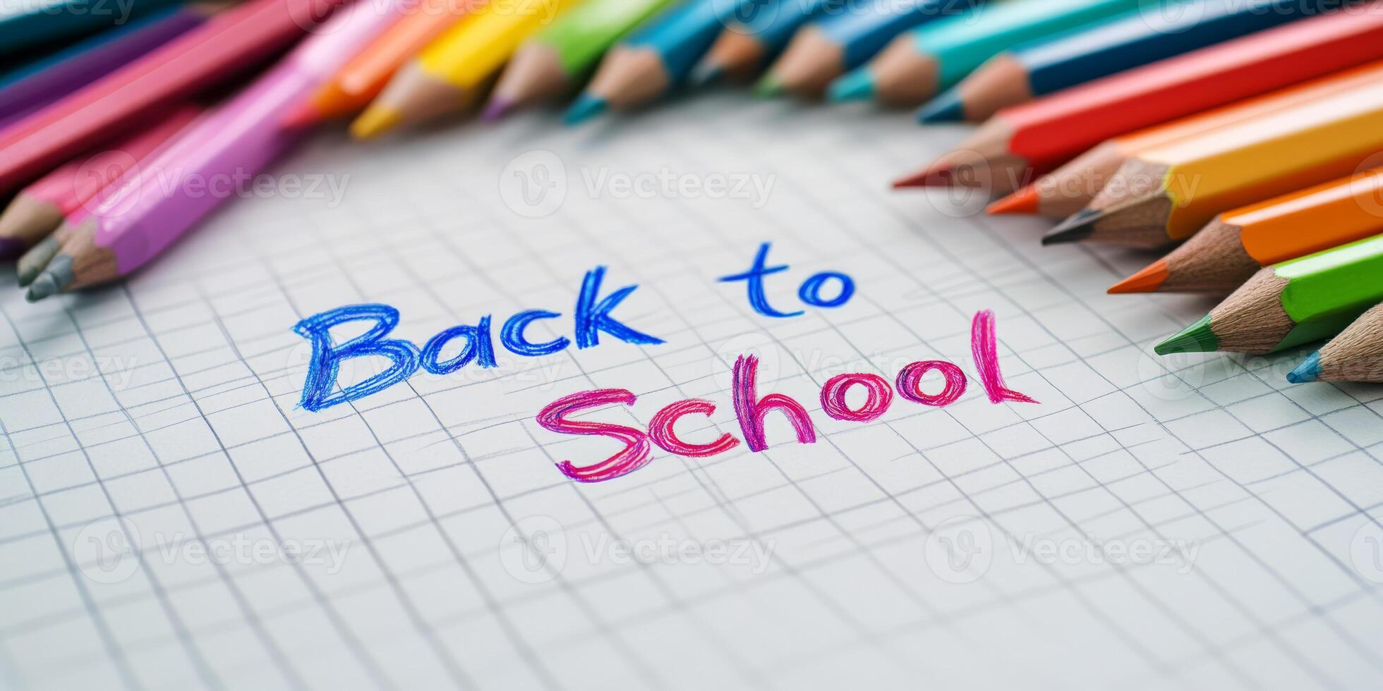Bright and colorful pencils encircling a playful Back to School message written on lined paper, symbolizing the thrill and excitement that comes with a fresh new school year ahead photo