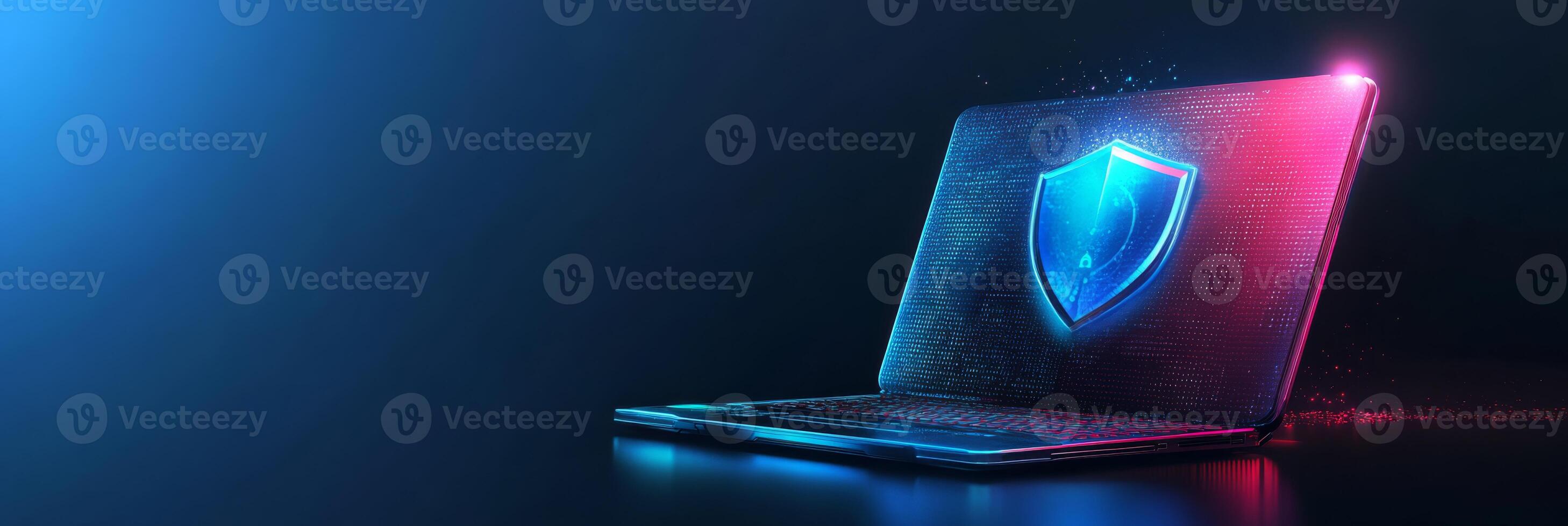 Discover the groundbreaking blend of cyber security and insurance showcased by a sleek, futuristic laptop that features a prominent digital guard shield, highlighting the importance of protection photo