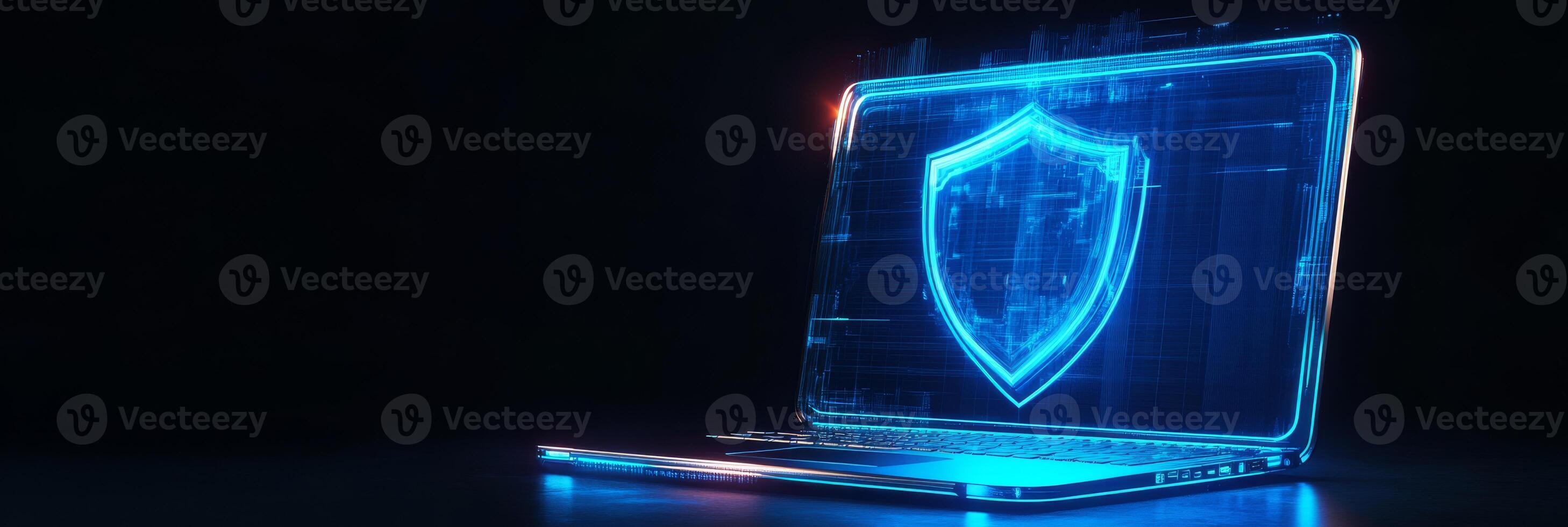 This abstract art symbolizes cybersecurity with a laptop and blue shield, depicting essential protection and digital safety in todays techdriven world where online security is vital photo