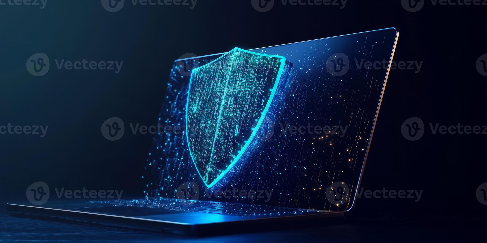 A modern laptop with a blue shield symbolizes the crucial role of cyber security, emphasizing the importance of protection and digital safety in our techdriven, interconnected world photo