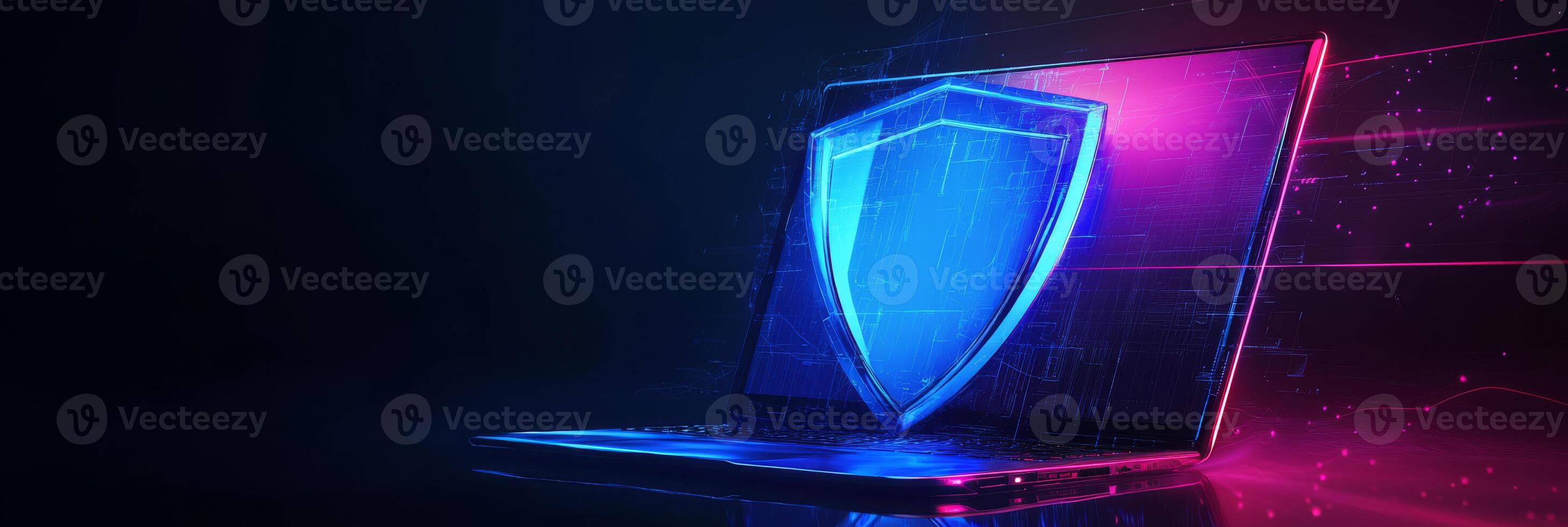 This artwork captures cyber security with a sleek laptop and blue futuristic shield, highlighting the importance of safety and robust digital protection in todays techdriven world photo