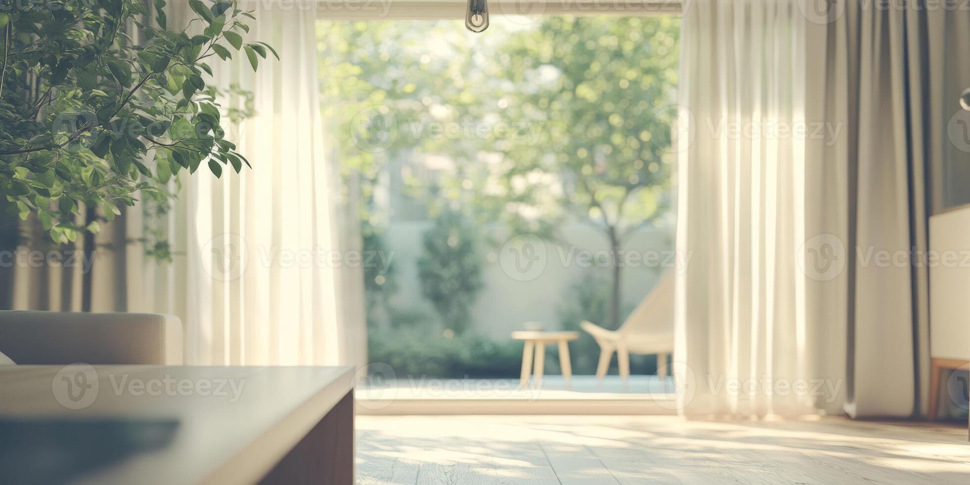 This stunning Scandinavian interior features soft curtains that filter natural light from large windows, highlighting a vibrant garden outside and creating a serene, inviting atmosphere for all photo